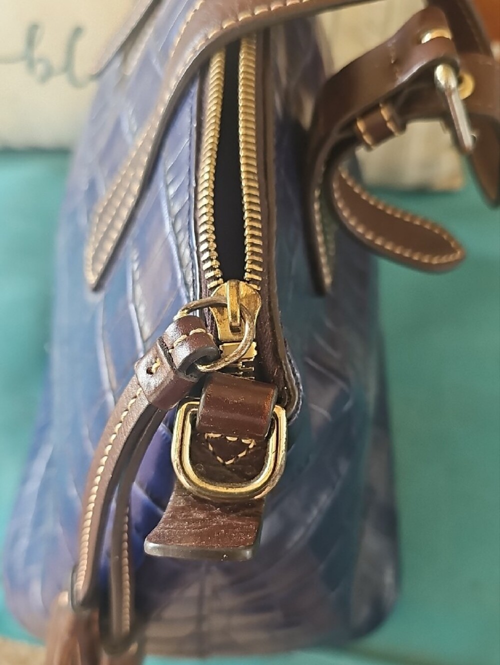 Dooney & Bourke Navy Croc-Embossed Tote with Brown Trim - Picture 8 of 8